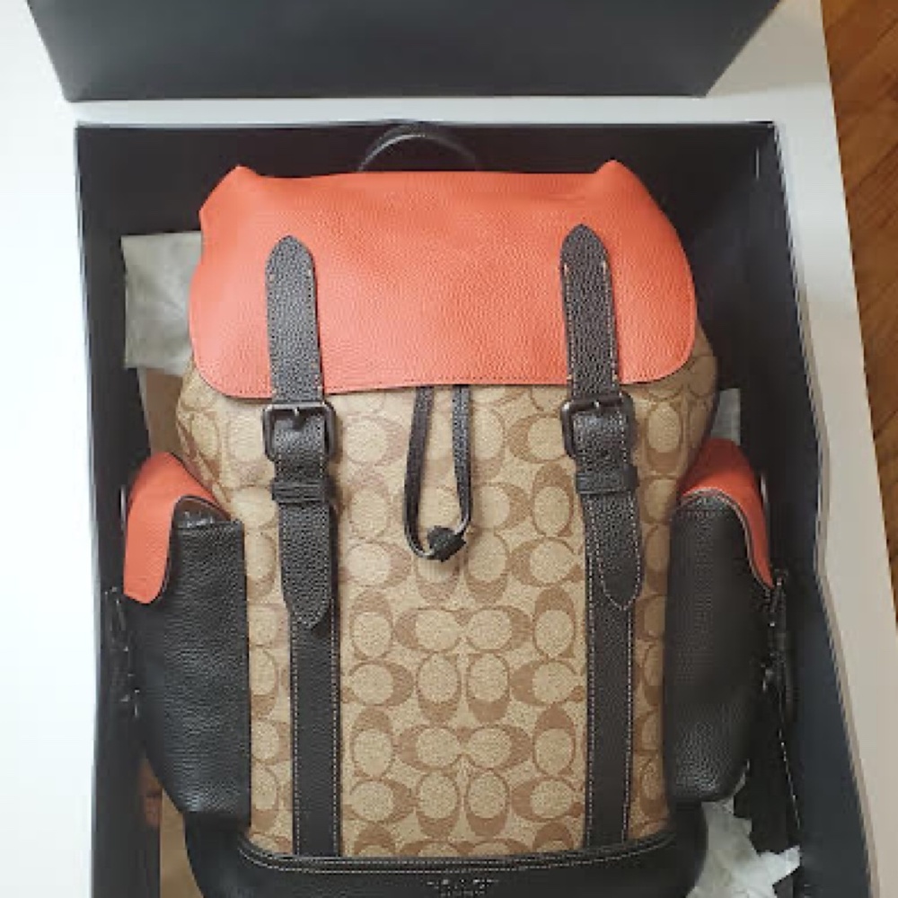 NWT COACH Signature Hudson Backpack in Colorblock Canvas Khaki/ Terracotta - Picture 14 of 14